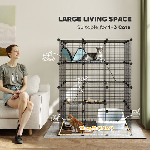 PawHut Steel Wire Cat Cage Indoor with Hammock, Ramps, Doors, DIY Cat Enclosure for 1-3 Cats, Black