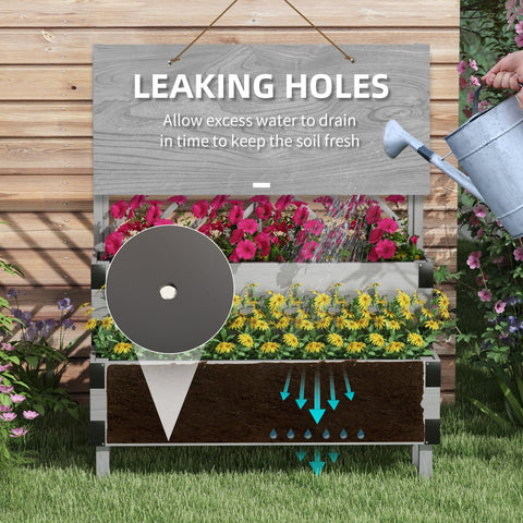 Outsunny Raised Garden Bed with Trellis, 2-Tier Wooden Elevated Planter Box  for Vegetables, Flowers, Herbs, Grey