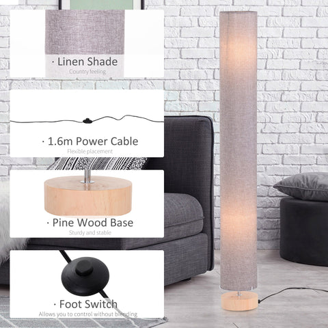 HOMCOM 47-Inch Modern Wooden Floor Lamp for Bedroom, Study or Living Space with Fabric Linen Shade (Grey)  120 CM