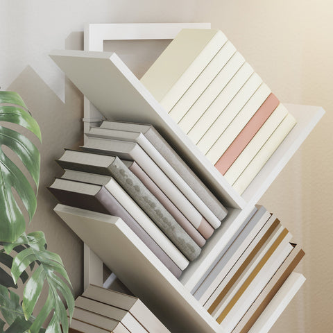 HOMCOM 9-Tier Tree Bookshelf, Industrial Free Standing Bookcase with Steel Frame, Display Storage White