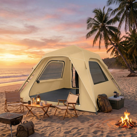 Outsunny Pop Up Tent 3000mm Waterproof Camping Tents with Mesh Windows 2-3 People Khaki