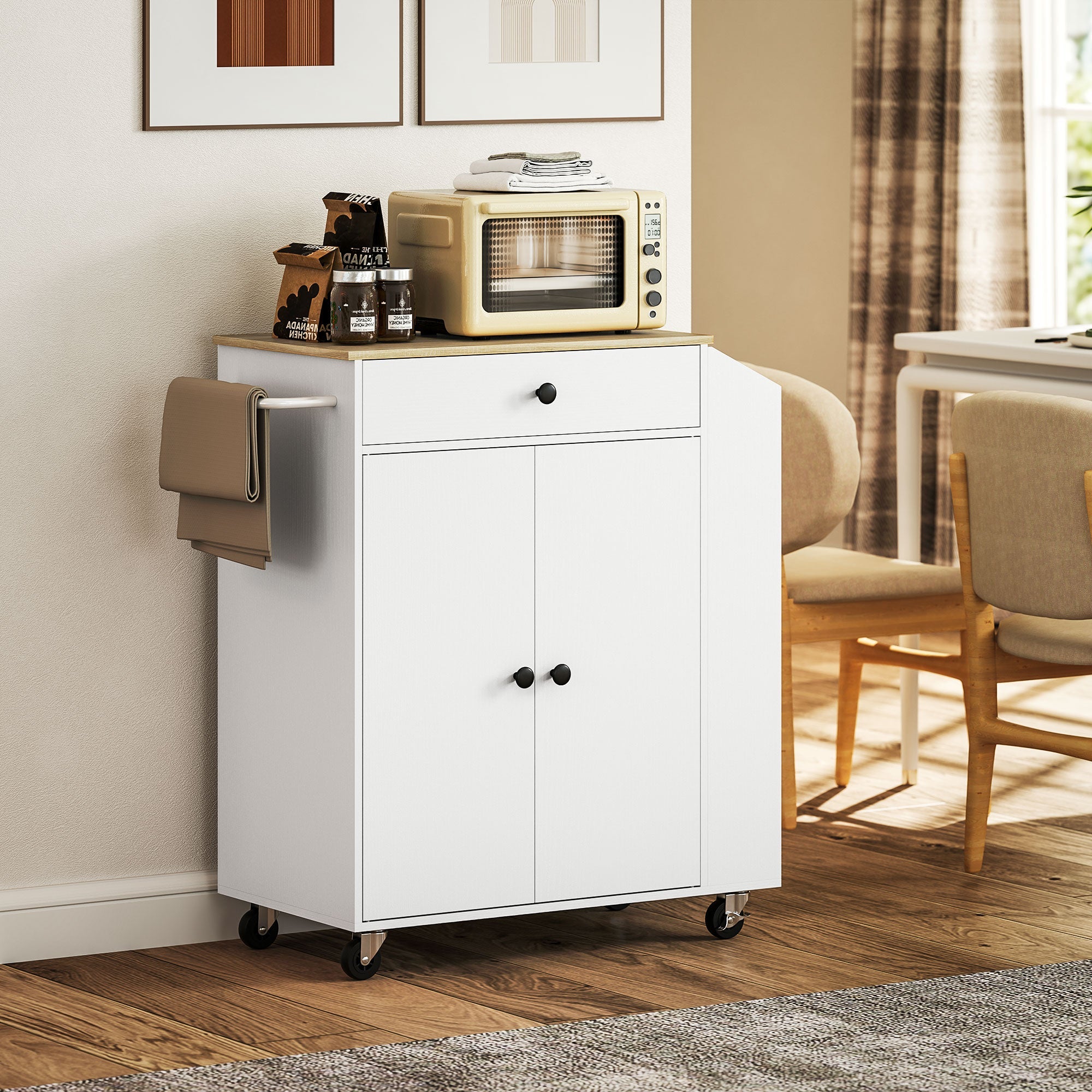 HOMCOM Rolling Kitchen Island with 3-Tier Spice Rack, Kitchen Storage Cart with Drawer and Towel Rack, White