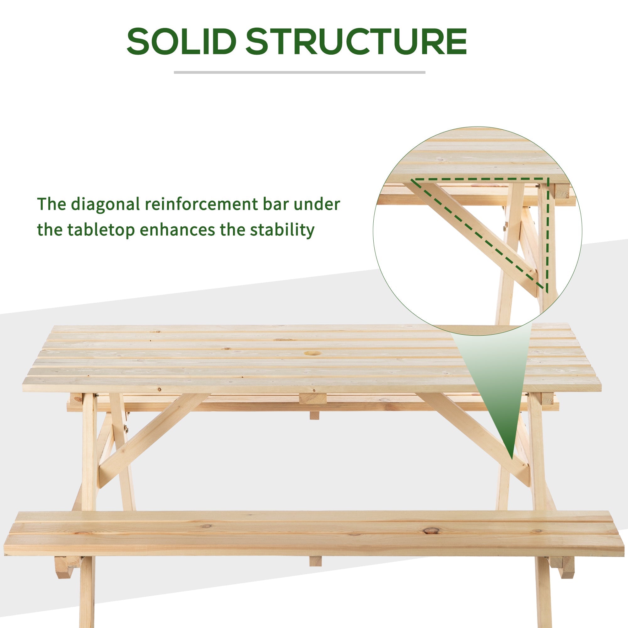 Outsunny 4 Seater Wooden Picnic Table Bench for Outdoor Garden or Patio with Parasol Cutout 150 cm Natural