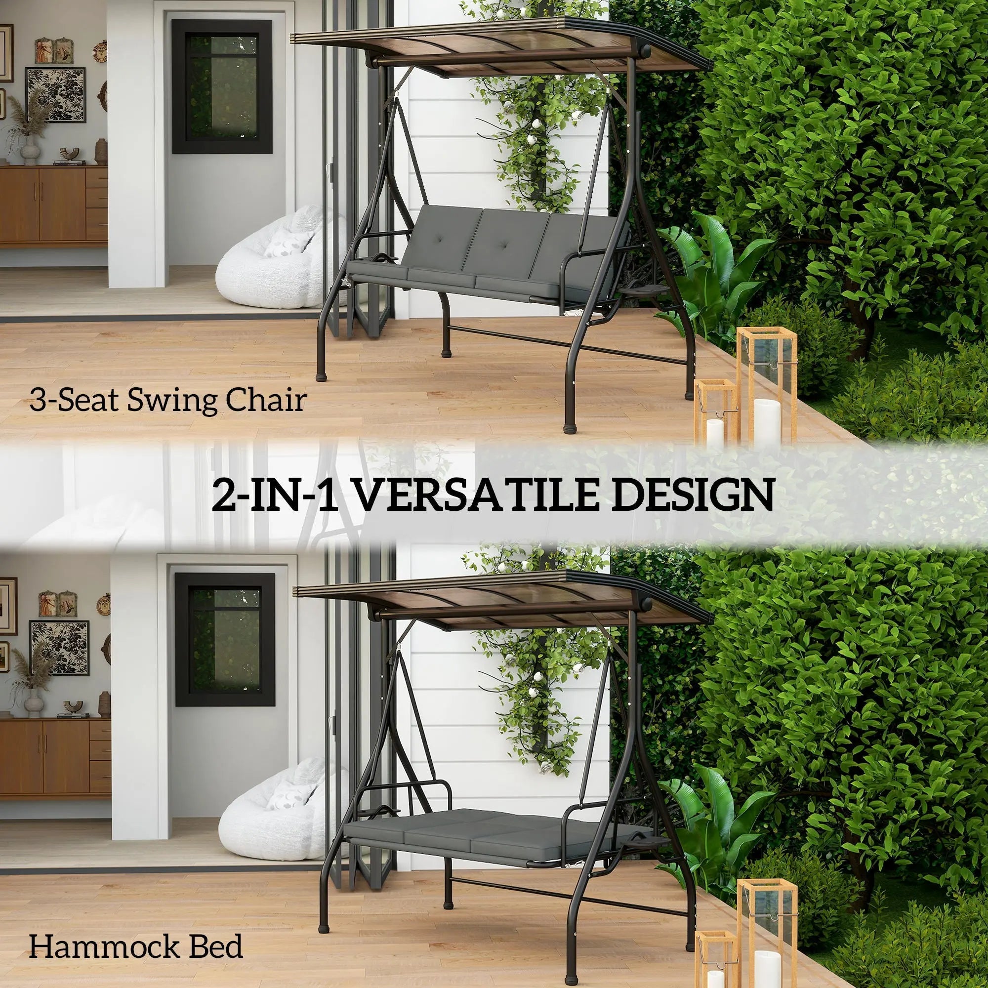 Outsunny 3 Seater Garden Swing Seat Bed with UPF30+ Adjustable Canopy, Convertible Swing Chair with Cushion, Outdoor Hammock Bench with Cup Trays for Balcony Patio, Dark Grey