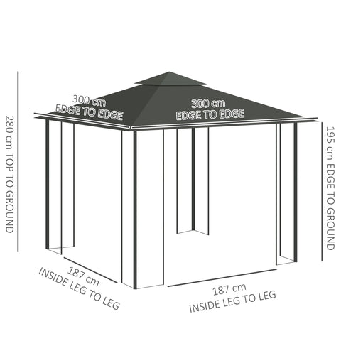 Outsunny 3(m) x 3(m)  Double Roof Outdoor Garden Gazebo Canopy Shelter with Netting, Solid Steel Frame, Light Grey