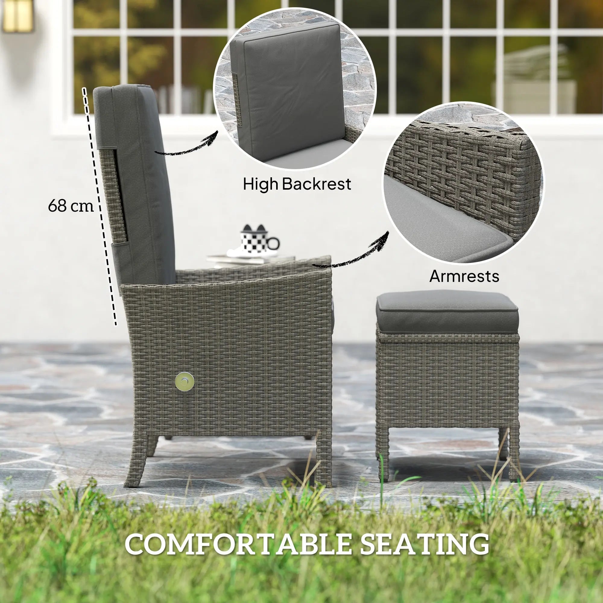 Outsunny 5 Piece Rattan Garden Furniture Set, Wicker Outdoor Furniture with 2 Armchairs, 2 Footstools and Glass Top Coffee Table with Shelf, Cushions for Patio Balcony, Dark Grey