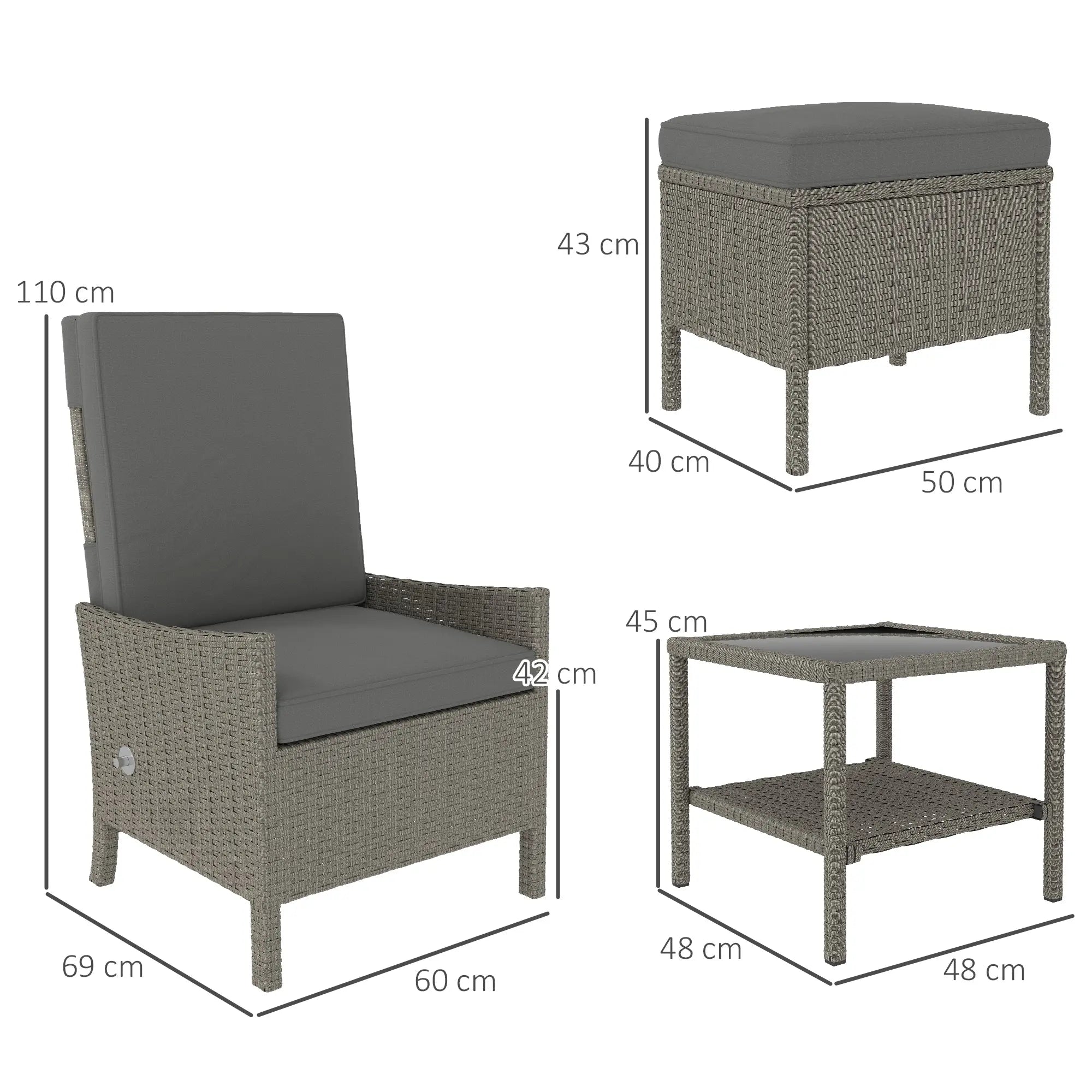 Outsunny 5 Piece Rattan Garden Furniture Set, Wicker Outdoor Furniture with 2 Armchairs, 2 Footstools and Glass Top Coffee Table with Shelf, Cushions for Patio Balcony, Dark Grey