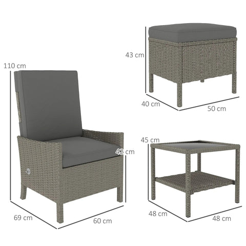 Outsunny 5 Piece Rattan Garden Furniture Set, Wicker Outdoor Furniture with 2 Armchairs, 2 Footstools and Glass Top Coffee Table with Shelf, Cushions for Patio Balcony, Dark Grey
