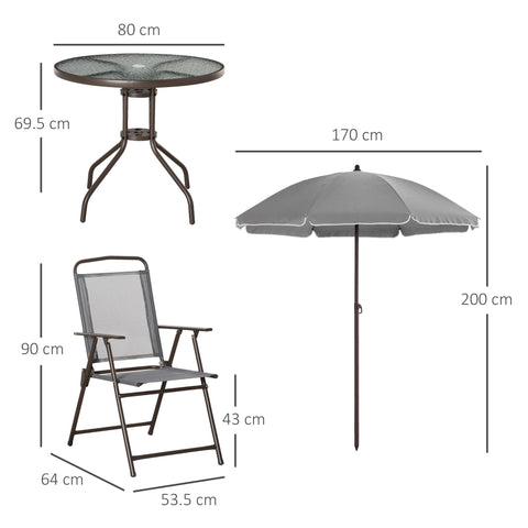 Outsunny 6 Piece Garden Dining Set with Umbrella, Patio Sets with Parasol with 4 Folding Dining Chairs & Round Tempered Glass Table, Grey