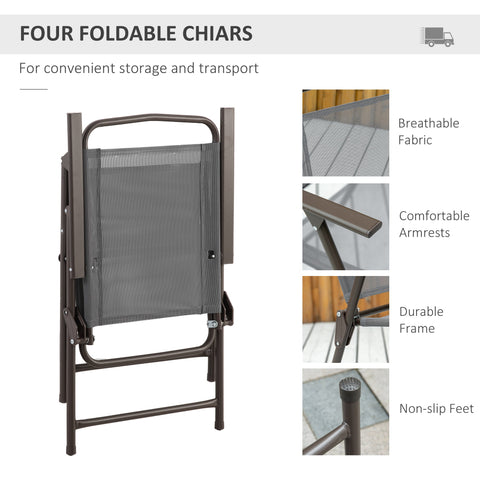 Outsunny 6 Piece Garden Dining Set with Umbrella, Patio Sets with Parasol with 4 Folding Dining Chairs & Round Tempered Glass Table, Grey
