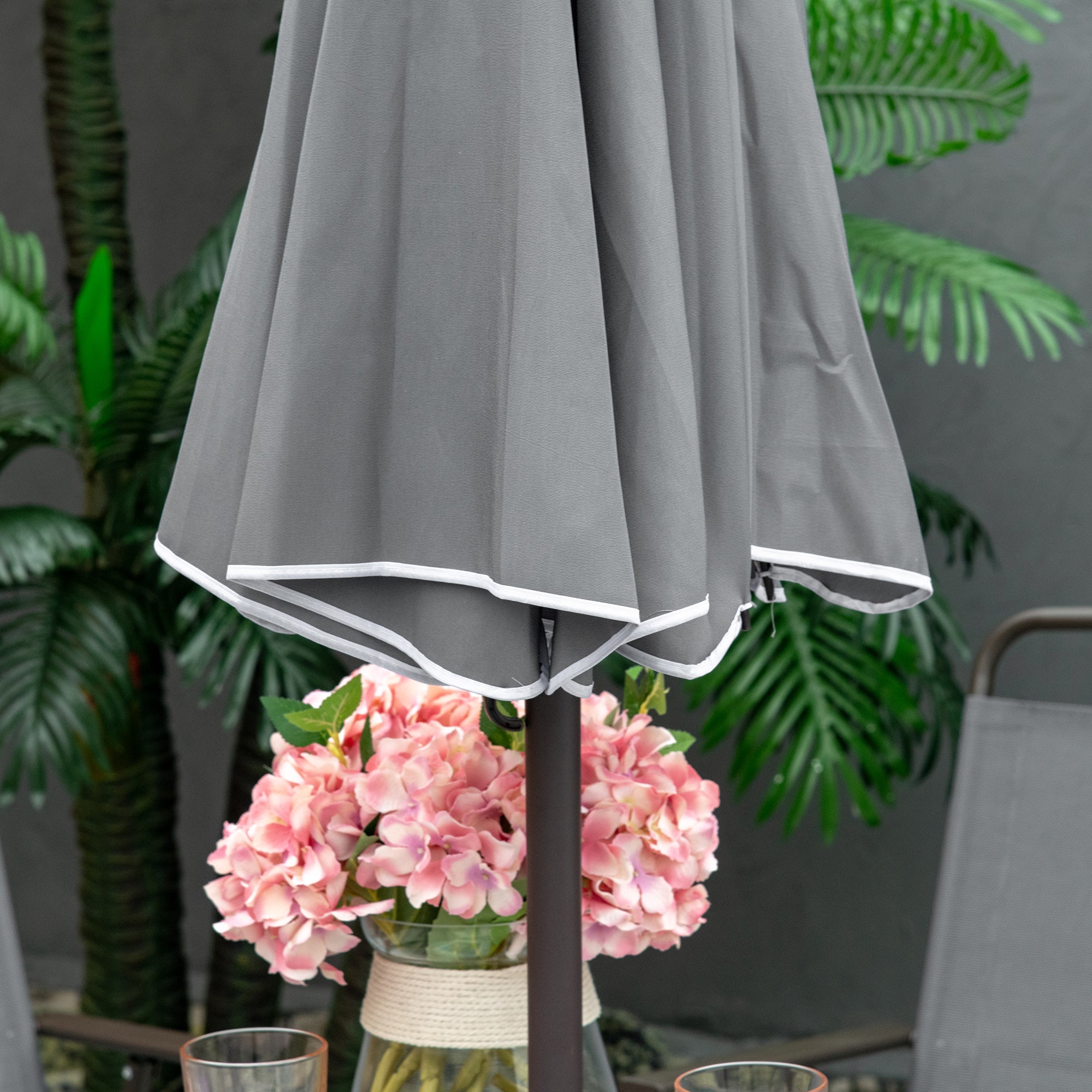 Outsunny 6 Piece Garden Dining Set with Umbrella, Patio Sets with Parasol with 4 Folding Dining Chairs & Round Tempered Glass Table, Grey