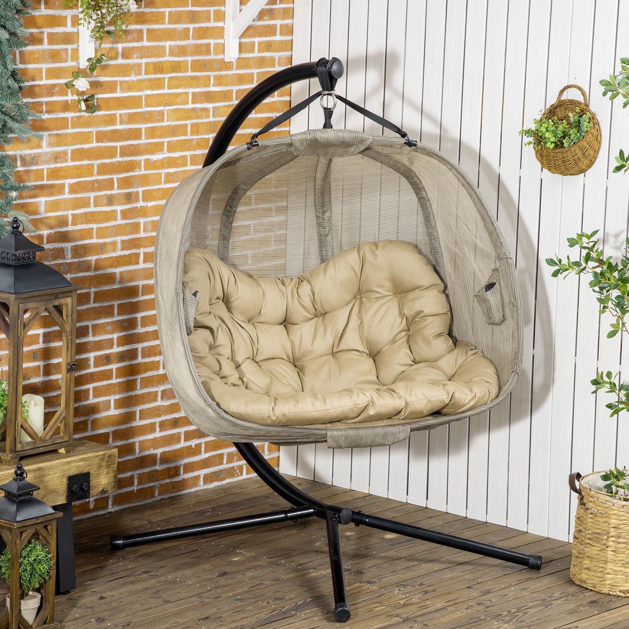 Outsunny Double Hanging Egg Chair 2 Seaters Texteline Swing Hammock Chair with Stand, Cushion and Folding Design, for Indoor and Outdoor, Brown