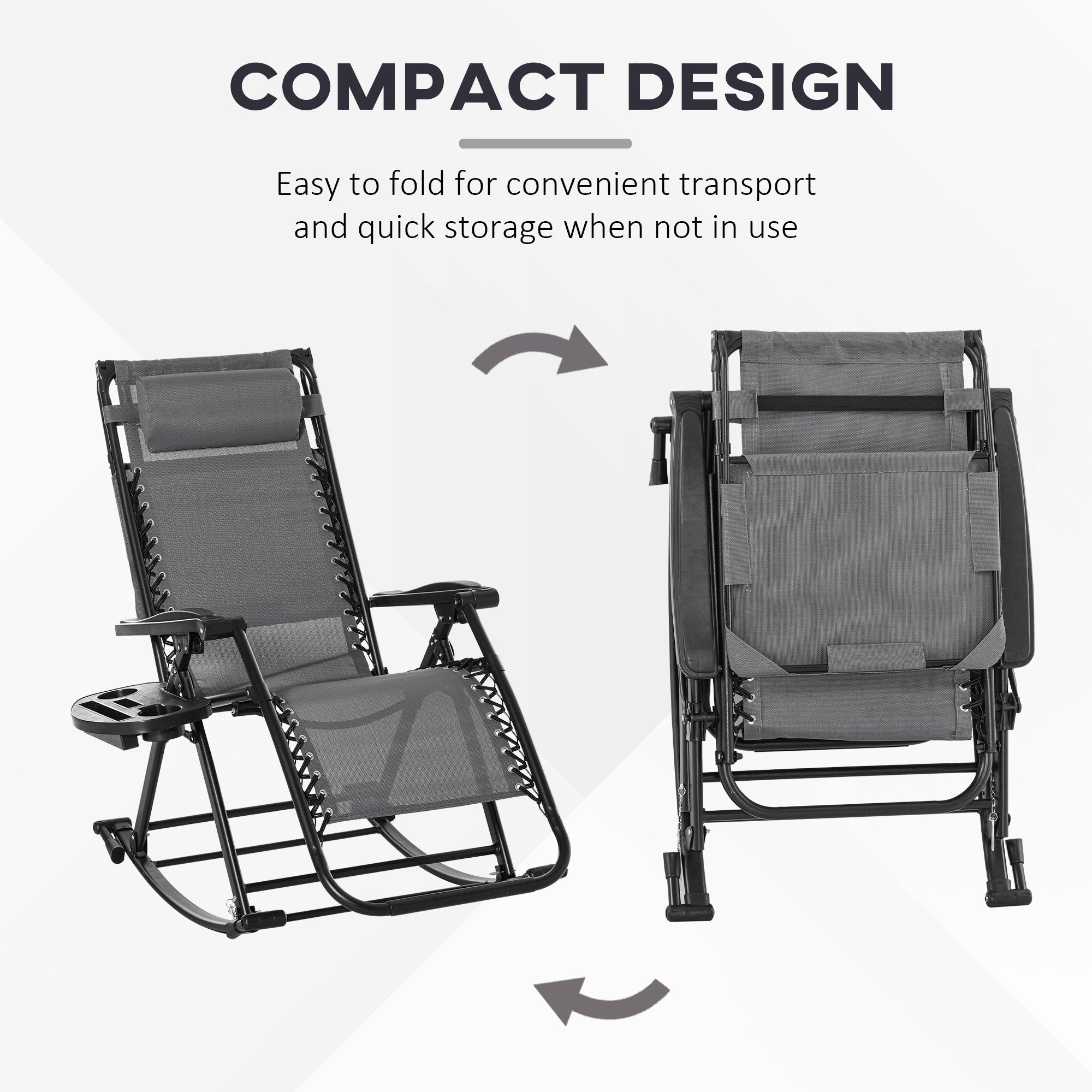 Outsunny Garden Rocking Chair Folding Recliner Outdoor Adjustable Sun Lounger Rocker Zero-Gravity Seat with Headrest Side Holder Patio Deck - Grey
