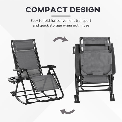 Outsunny Garden Rocking Chair Folding Recliner Outdoor Adjustable Sun Lounger Rocker Zero-Gravity Seat with Headrest Side Holder Patio Deck - Grey
