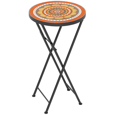 Outsunny Mosaic Outdoor Garden Table, 35.5cm Round Folding Coffee Table with Metal Frame for Balcony Terrace, Orange