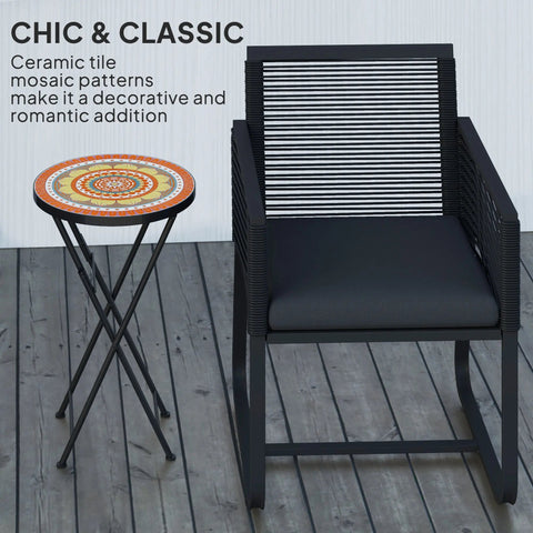 Outsunny Mosaic Outdoor Garden Table, 35.5cm Round Folding Coffee Table with Metal Frame for Balcony Terrace, Orange
