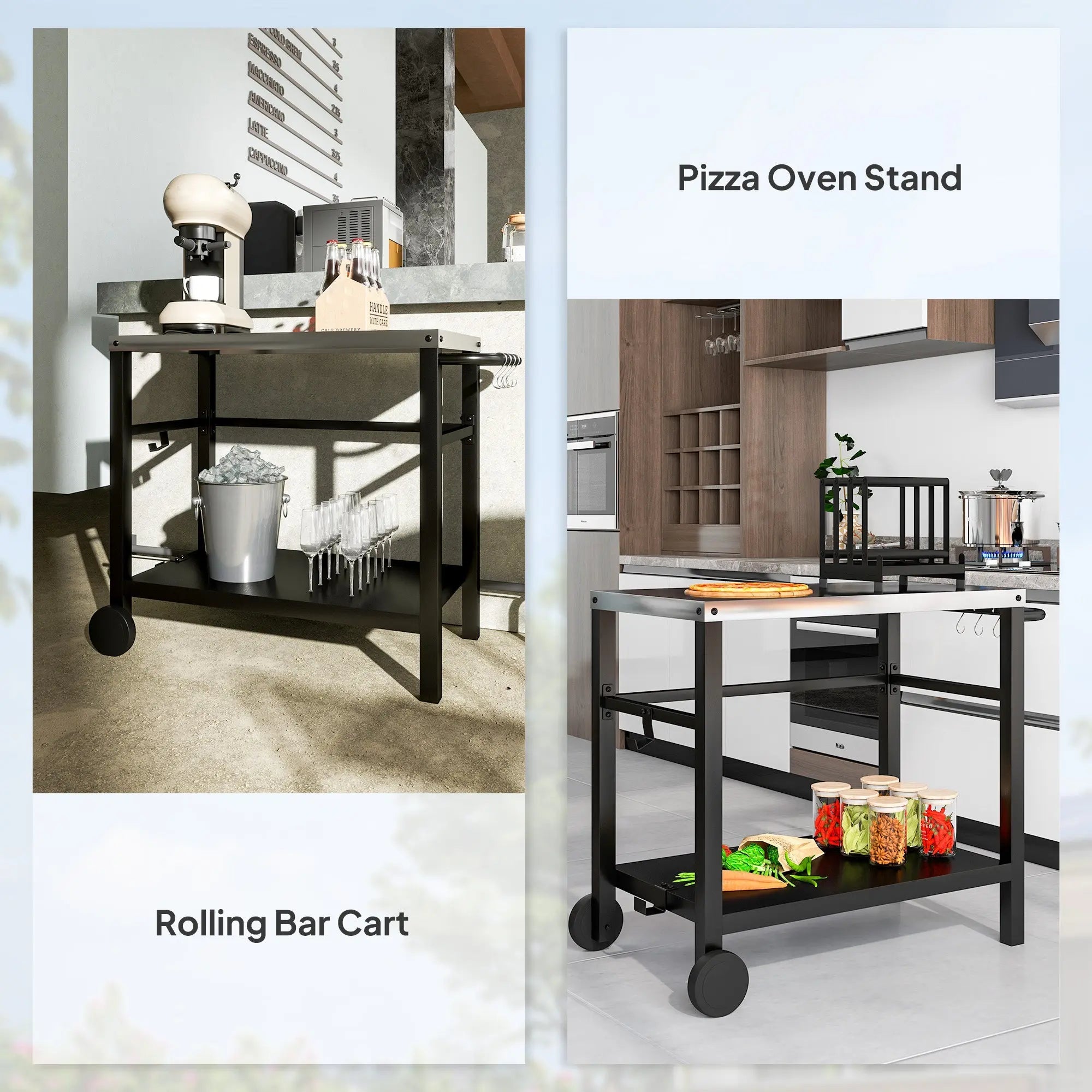 Outsunny Outdoor Grill Dining Cart 2-Shelf Movable Pizza Oven Table Stand with Stainless Steel Top, Portable BBQ Trolley Food Prep Outdoor Kitchen BBQ Station with Hooks Wheels Handle, Charcoal Grey