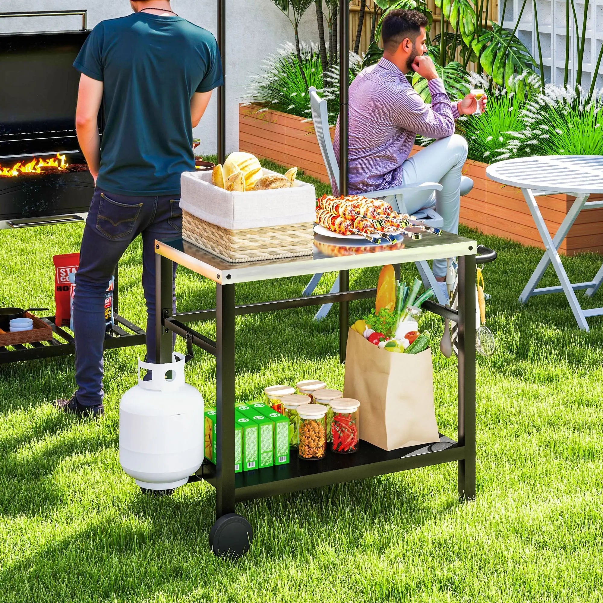 Outsunny Outdoor Grill Dining Cart 2-Shelf Movable Pizza Oven Table Stand with Stainless Steel Top, Portable BBQ Trolley Food Prep Outdoor Kitchen BBQ Station with Hooks Wheels Handle, Charcoal Grey