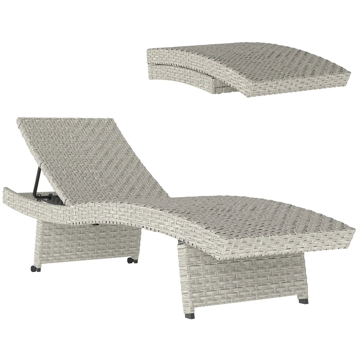 Outsunny Outdoor PE Rattan Sun Lounger, Folding Wicker Garden Lounger Recliner with 4-Level Adjustable Backrest, Rolling Sunbed Lounge Chair with Wheels, Non-Slip Legs for Balcony, Beach, Grey