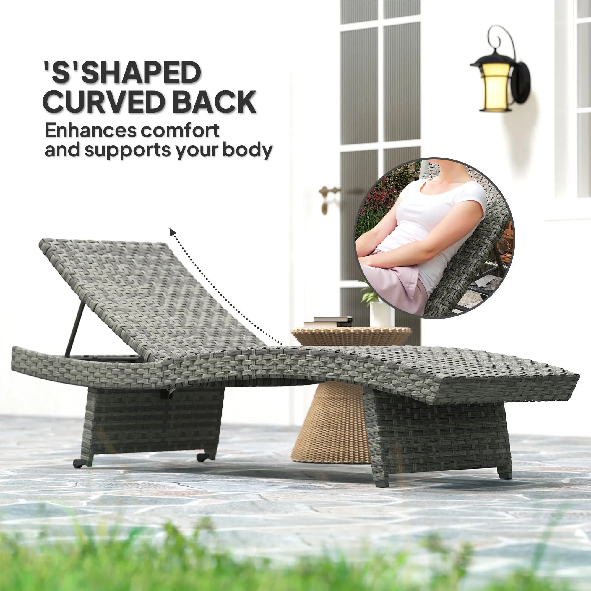 Outsunny Outdoor PE Rattan Sun Lounger, Folding Wicker Garden Lounger Recliner with 4-Level Adjustable Backrest, Rolling Sunbed Lounge Chair with Wheels, Non-Slip Legs for Balcony, Beach, Mixed-grey