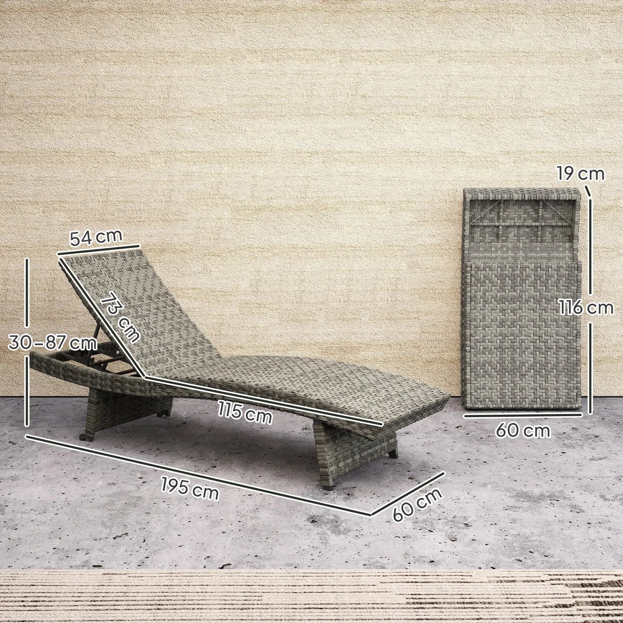 Outsunny Outdoor PE Rattan Sun Lounger, Folding Wicker Garden Lounger Recliner with 4-Level Adjustable Backrest, Rolling Sunbed Lounge Chair with Wheels, Non-Slip Legs for Balcony, Beach, Mixed-grey