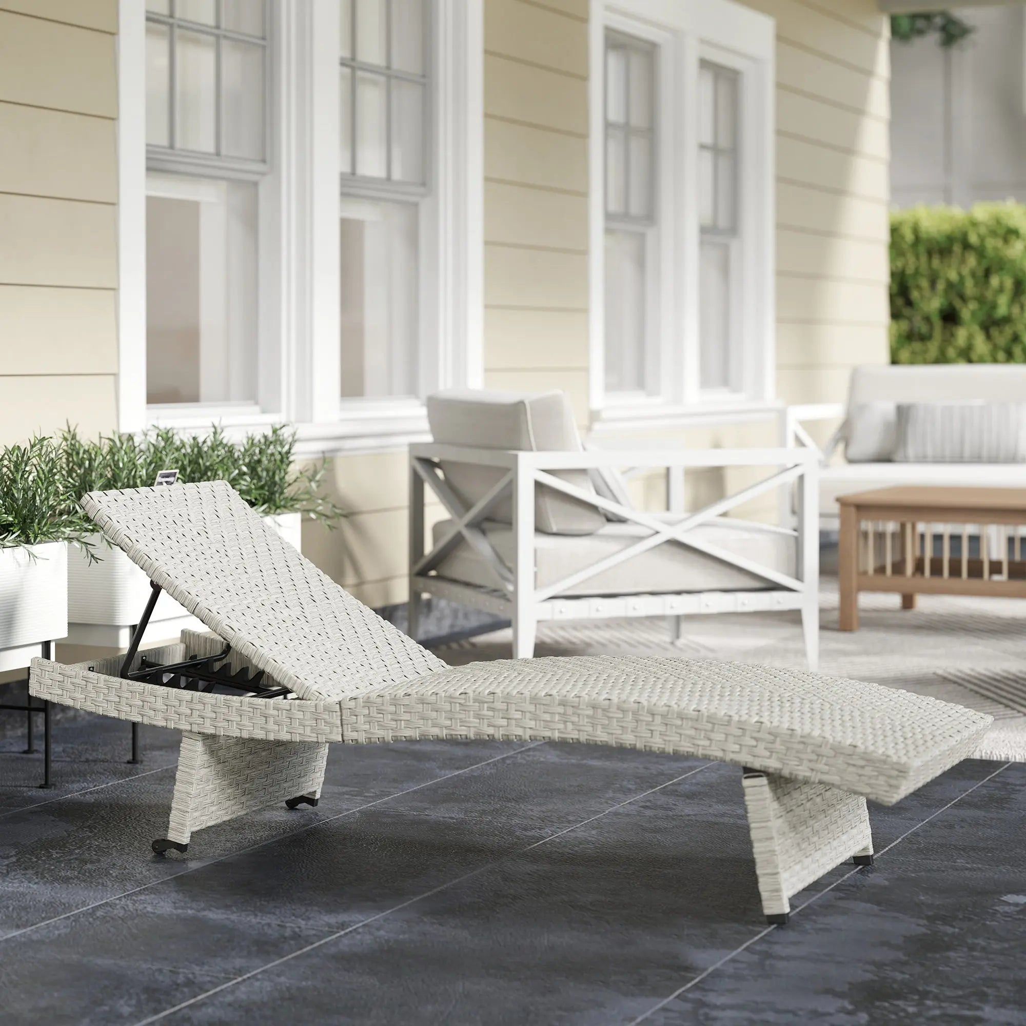 Outsunny Outdoor PE Rattan Sun Lounger, Folding Wicker Garden Lounger Recliner with 4-Level Adjustable Backrest, Rolling Sunbed Lounge Chair with Wheels, Non-Slip Legs for Balcony, Beach, Grey