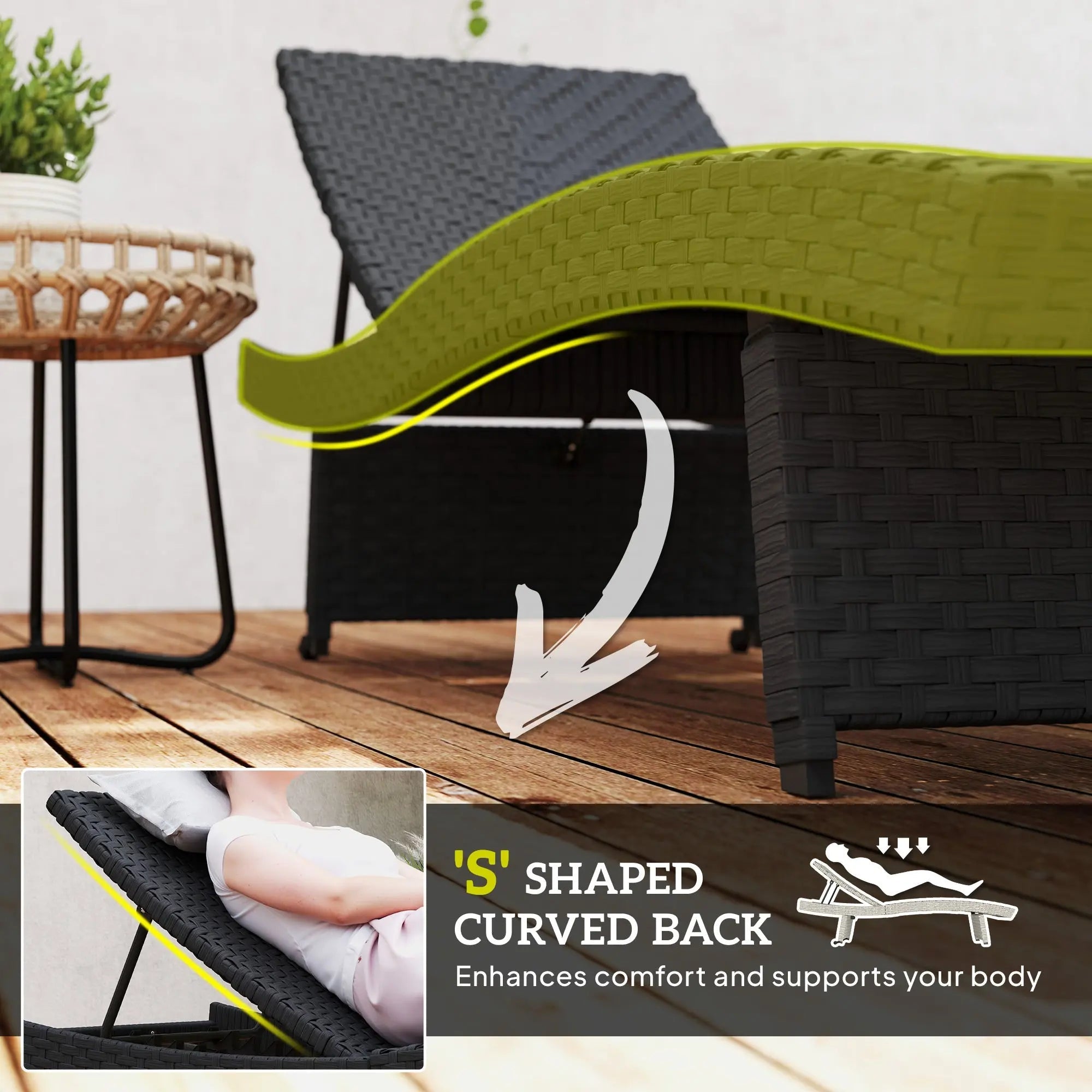 Outsunny Outdoor PE Rattan Sun Lounger, Folding Wicker Garden Lounger Recliner with 4-Level Adjustable Backrest, Rolling Sunbed Lounge Chair with Wheels, Non-Slip Legs for Balcony, Beach, Black