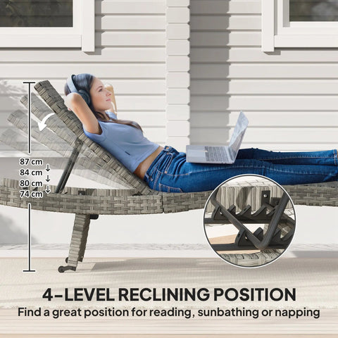 Outsunny Outdoor PE Rattan Sun Lounger, Folding Wicker Garden Lounger Recliner with 4-Level Adjustable Backrest, Rolling Sunbed Lounge Chair with Wheels, Non-Slip Legs for Balcony, Beach, Mixed-grey