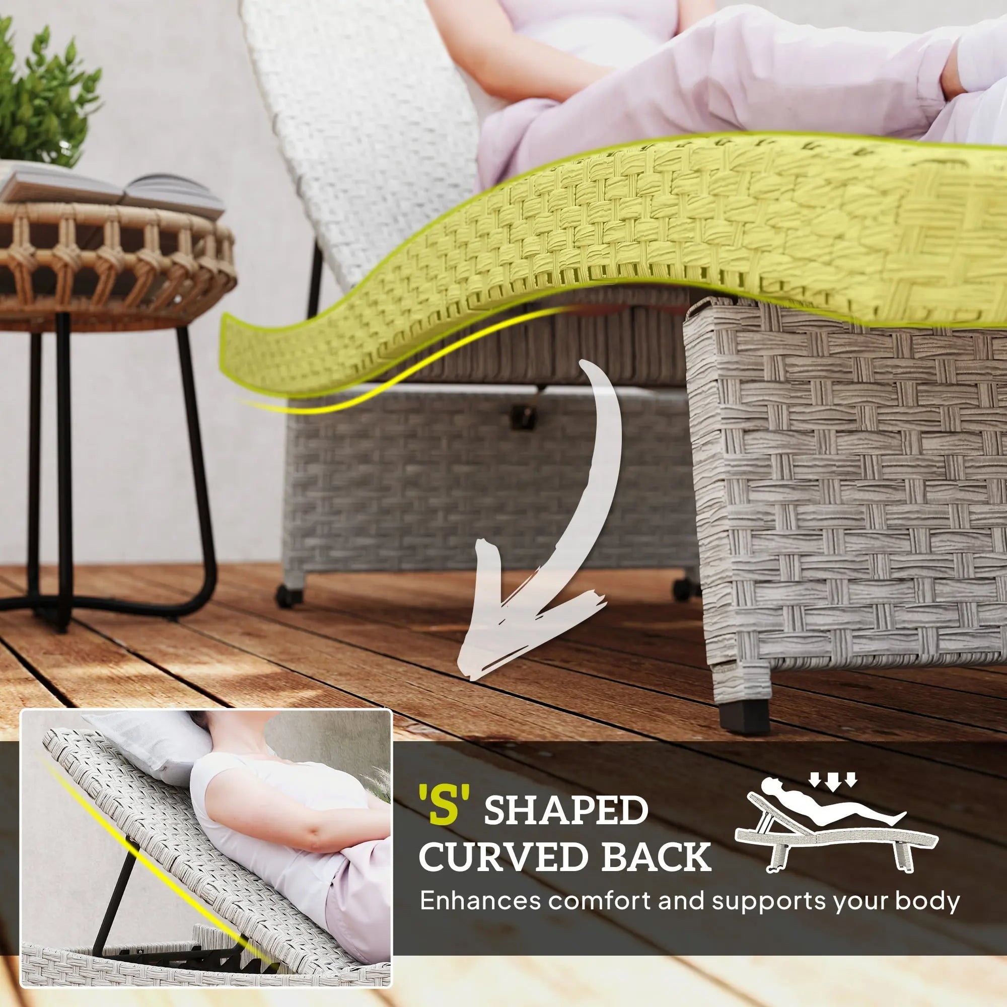 Outsunny Outdoor PE Rattan Sun Lounger, Folding Wicker Garden Lounger Recliner with 4-Level Adjustable Backrest, Rolling Sunbed Lounge Chair with Wheels, Non-Slip Legs for Balcony, Beach, Grey