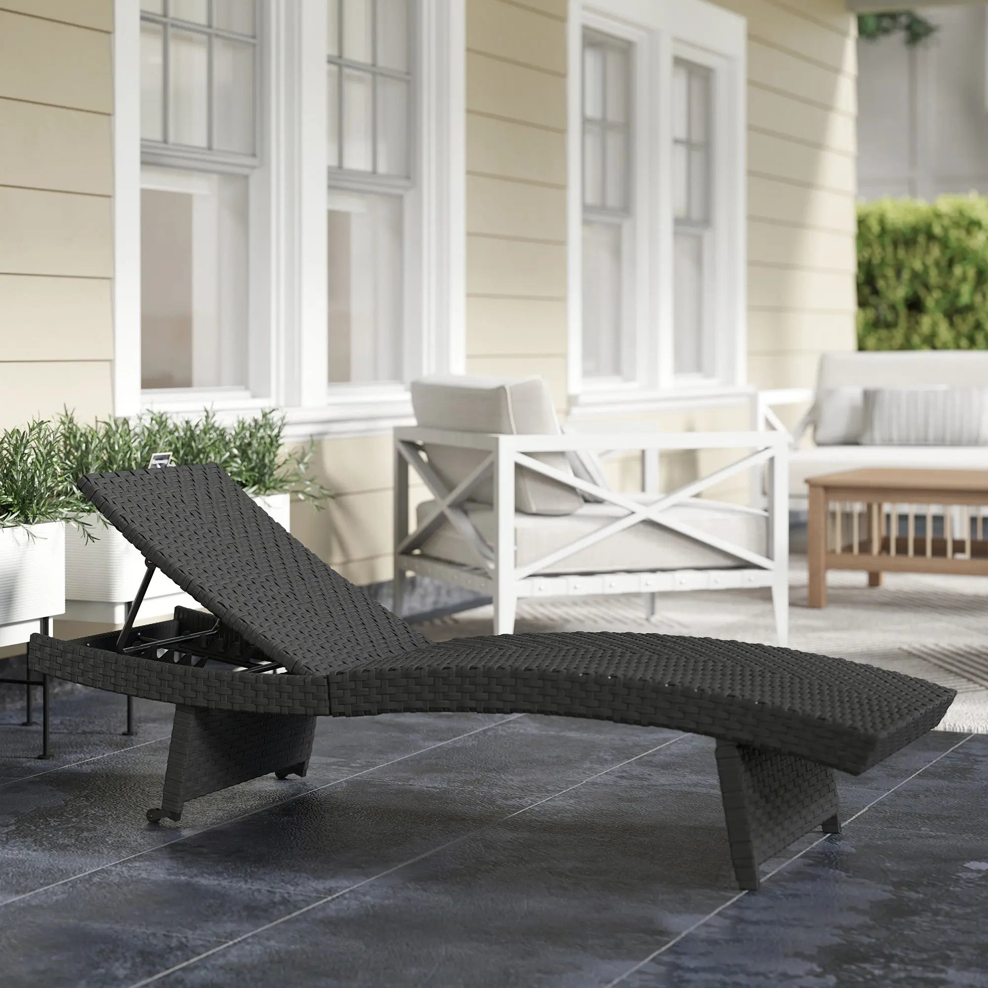 Outsunny Outdoor PE Rattan Sun Lounger, Folding Wicker Garden Lounger Recliner with 4-Level Adjustable Backrest, Rolling Sunbed Lounge Chair with Wheels, Non-Slip Legs for Balcony, Beach, Black