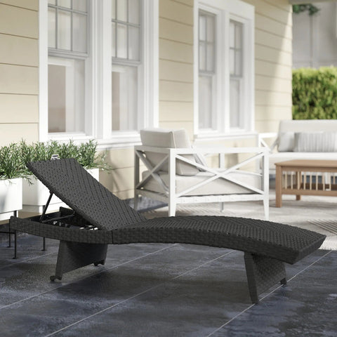 Outsunny Outdoor PE Rattan Sun Lounger, Folding Wicker Garden Lounger Recliner with 4-Level Adjustable Backrest, Rolling Sunbed Lounge Chair with Wheels, Non-Slip Legs for Balcony, Beach, Black