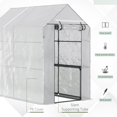 Outsunny Walk In Greenhouse with 2-Tier Shelves, Roll up Zip Panel Door, Garden Polytunnel Steeple Grow House for Outdoor, 6 x 4 x 6ft White
