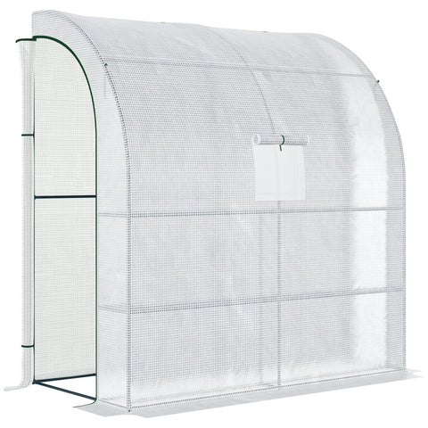 Outsunny Walk-In Lean to Wall Greenhouse with Windows and Doors 2 Tiers 4 Wired Shelves 200L x 100W x 215Hcm White