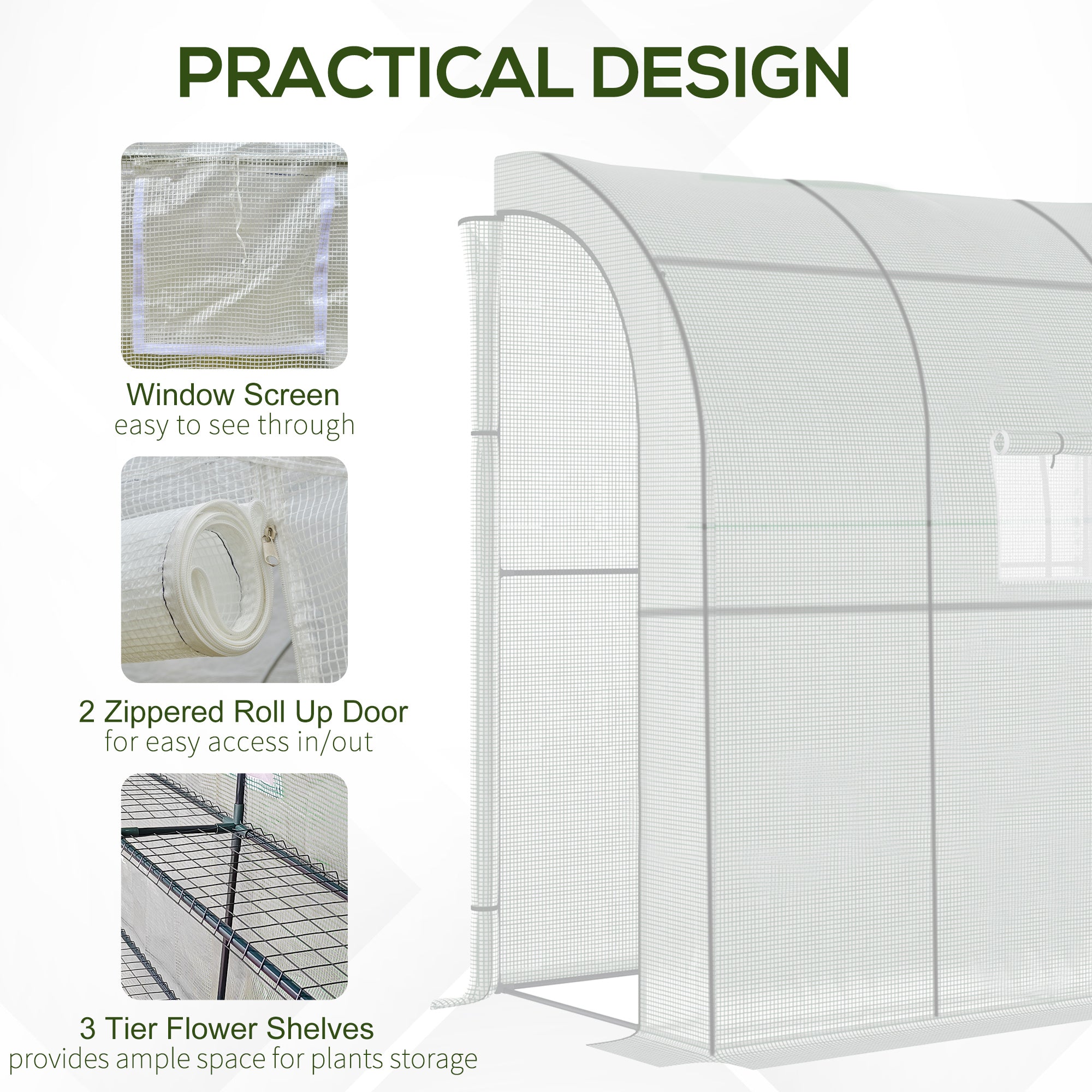 Outsunny Walk-In Lean to Wall Greenhouse with Windows and Doors 2 Tiers 4 Wired Shelves 200L x 100W x 215Hcm White