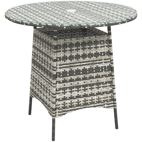 Outsunny Wicker Garden Rattan Table, Patio Furniture Outdoor Coffee Table with Umbrella Hole and Tempered Glass Top, Grey