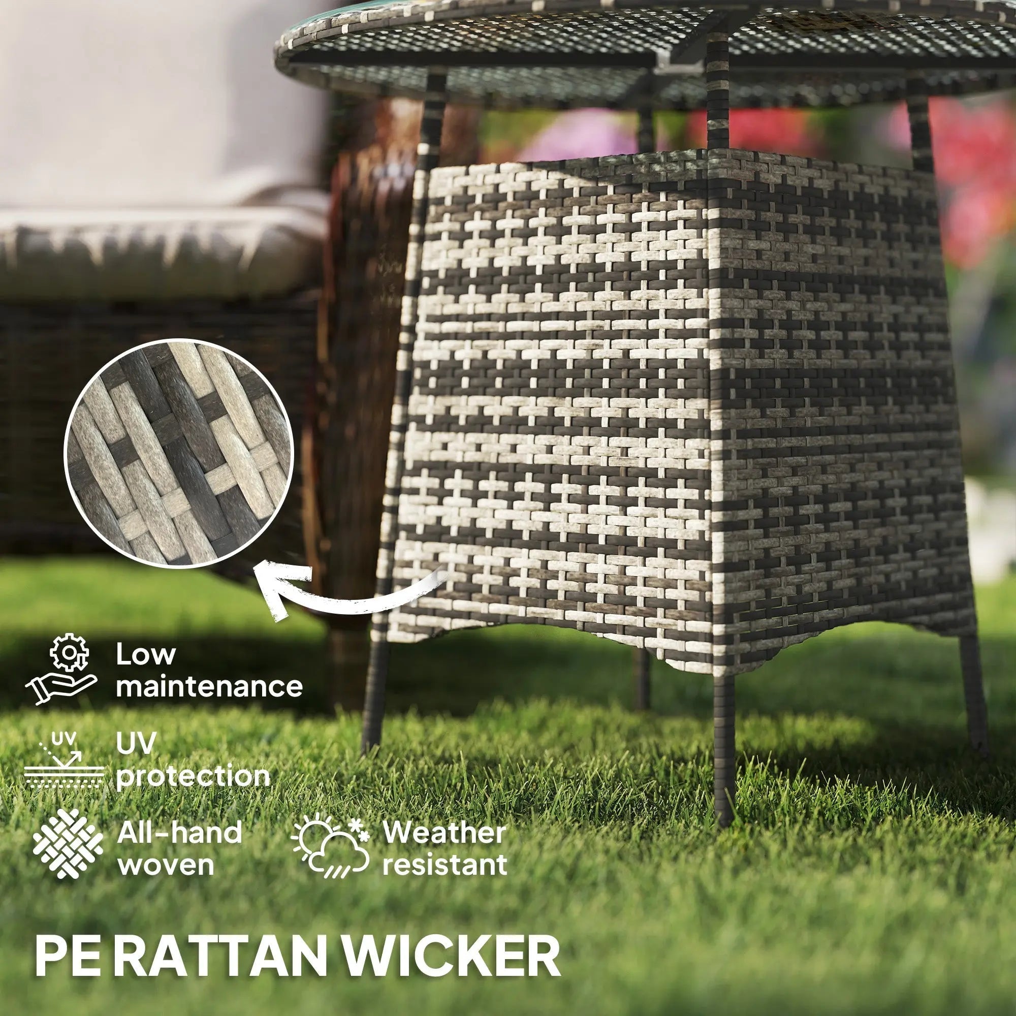 Outsunny Wicker Garden Rattan Table, Patio Furniture Outdoor Coffee Table with Umbrella Hole and Tempered Glass Top, Grey