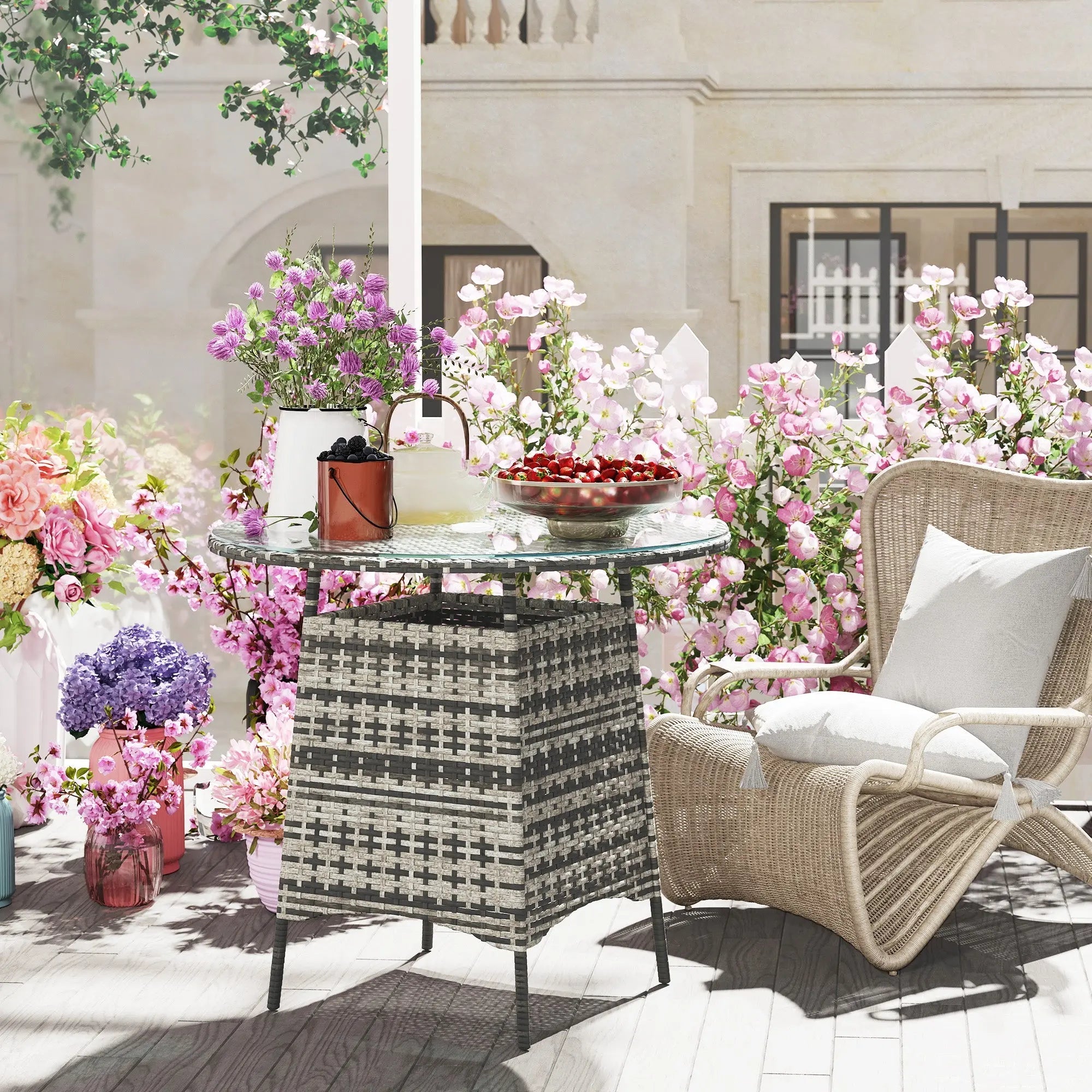 Outsunny Wicker Garden Rattan Table, Patio Furniture Outdoor Coffee Table with Umbrella Hole and Tempered Glass Top, Grey