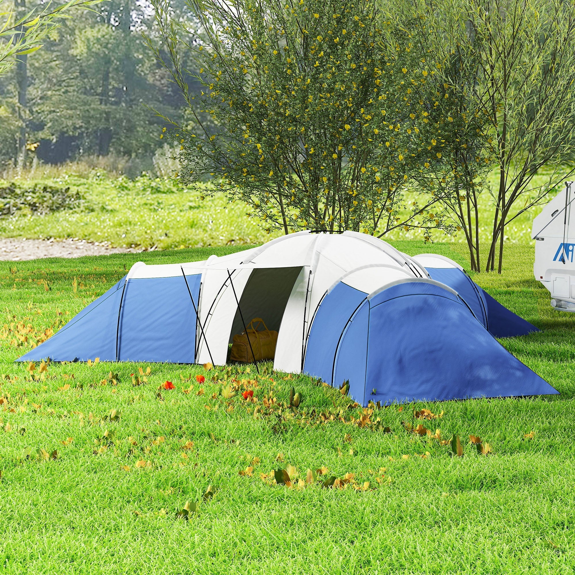 Outsunny 6-9 Man Tent with Bedrooms and Living Room, Accessories Included, Blue