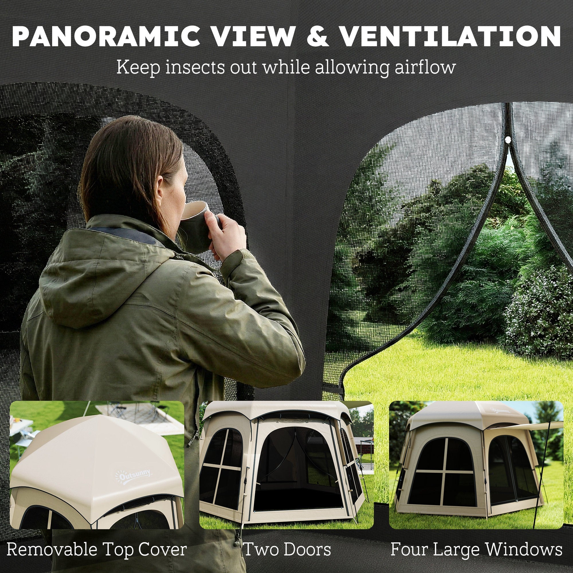 Outsunny Pop Up Tent 3000mm Waterproof Instant Camping Tent 3-4 Person with 2 Doors 4 Windows Khaki