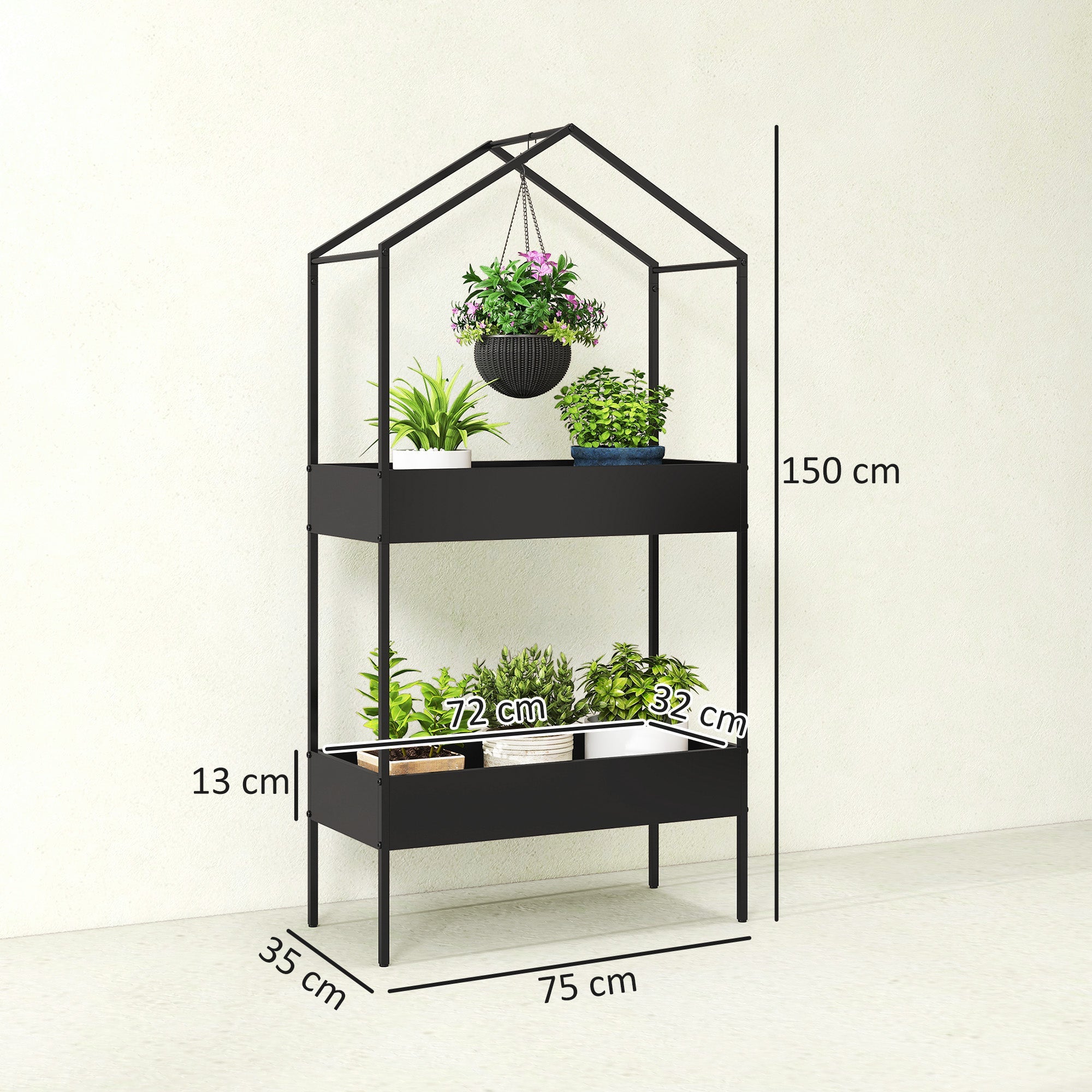 Outsunny 2 Tier Plant Stand, Outdoor Indoor Metal Plant Stand with Hook, House-Shaped Pots Holder Display Rack, Black