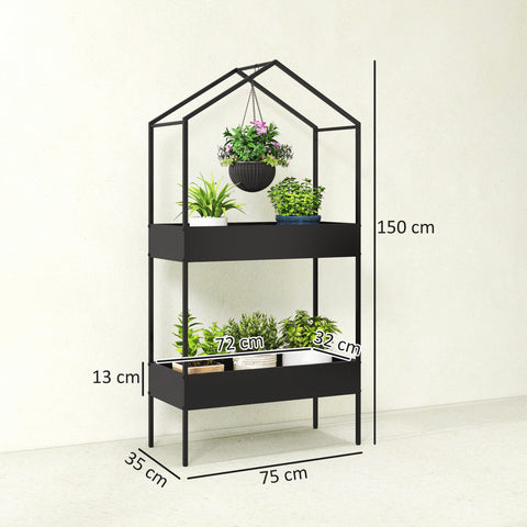 Outsunny 2 Tier Plant Stand, Outdoor Indoor Metal Plant Stand with Hook, House-Shaped Pots Holder Display Rack, Black