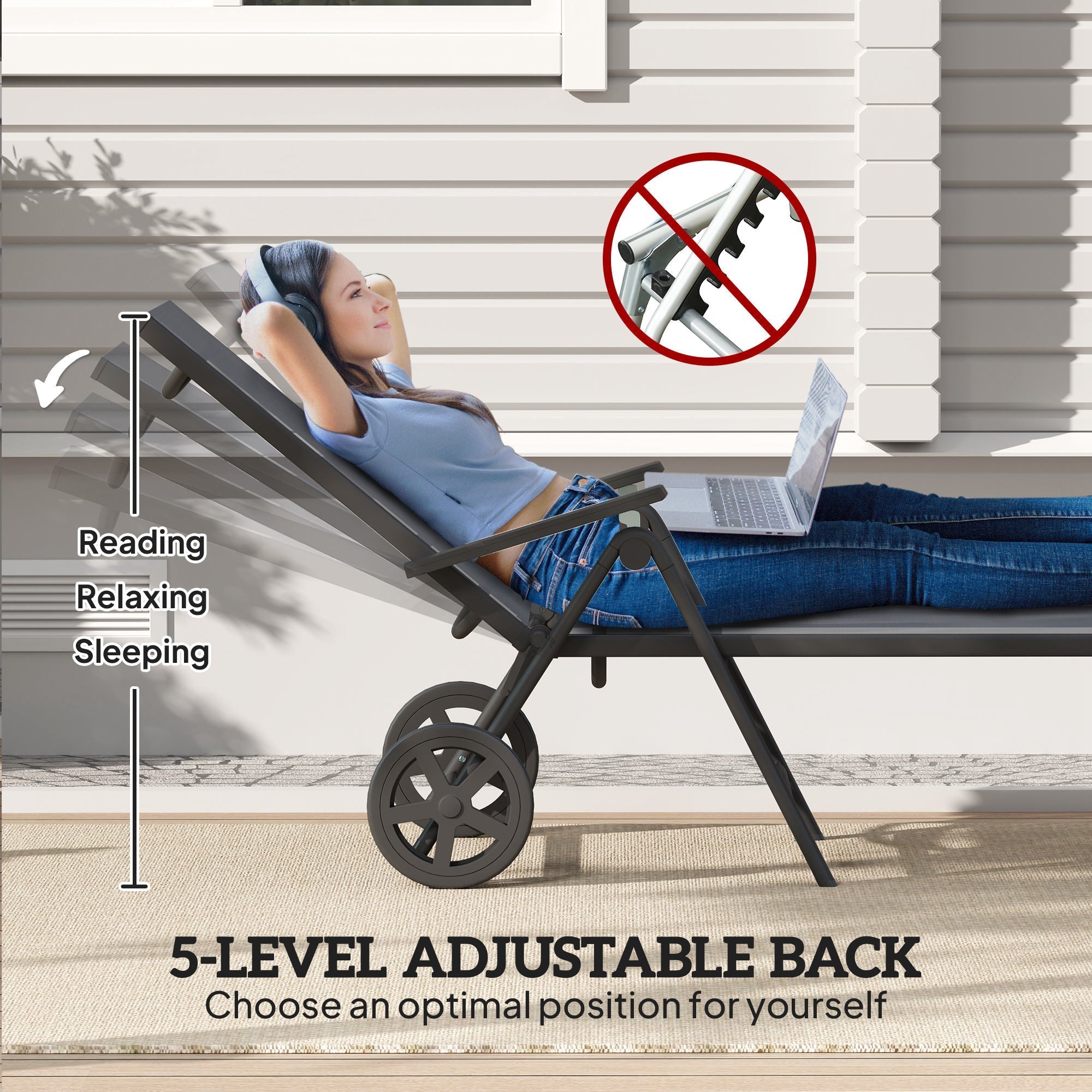 Outsunny Folding Sun Lounger with Wheels, 5-Position Adjustable Garden Chaise Lounge Sunbed with Armrests, Metal Frame Outdoor Portable Reclining Chair for Beach, Porch, Grey