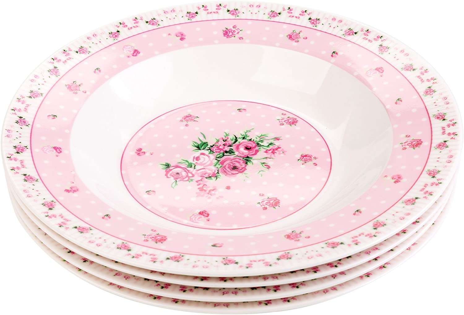 Porcelain Fine China Soup Pasta Bowls Wide Rimmed Set 4 Gift Box 9 inch 23cm (Rose Pink)