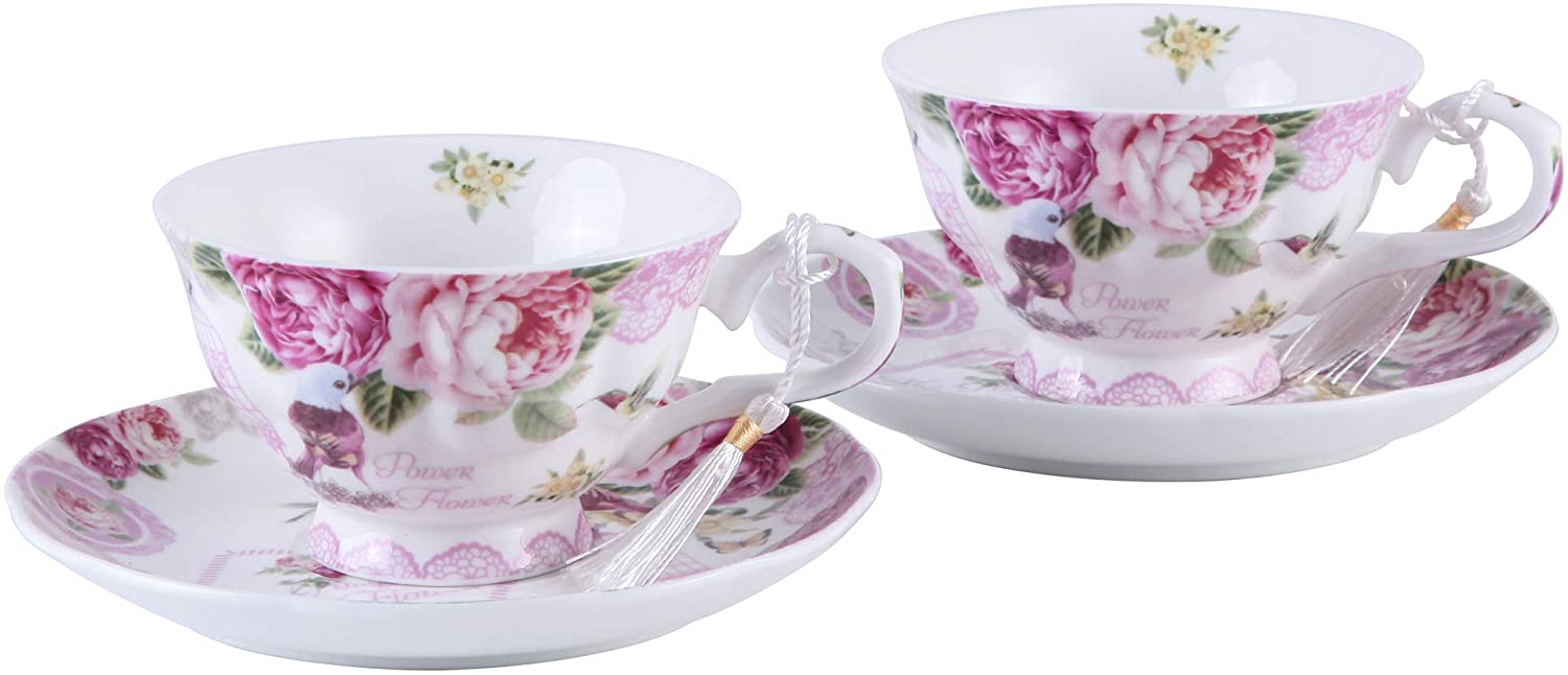 Coffee Tea Cup and Saucer Set 2 Shabby Chic Vintage Flora Porcelain Set Gift Box (Pink Bird Rose)