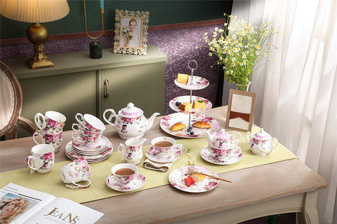 Coffee Tea Cup and Saucer Set 2 Shabby Chic Vintage Flora Porcelain Set Gift Box (Pink Bird Rose)