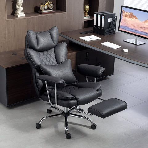 HOMCOM Leathaire Reclining Office Chair with Lumbar Support Pillow - Black