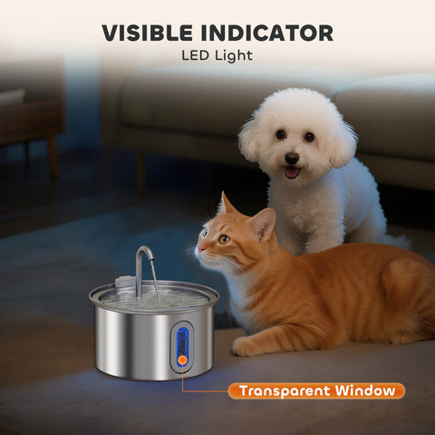 PawHut 2.5L Stainless Steel Cat Water Fountain for Drinking with Ultra-Silent Pump, Water-Level Window, Filters
