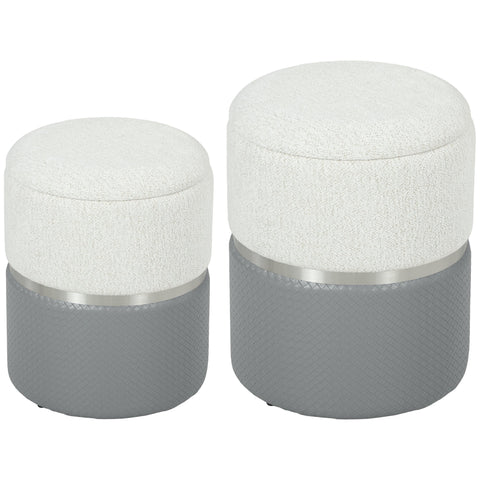 HOMCOM Nesting Round Ottoman with Storage Set of 2 - Cream/Grey