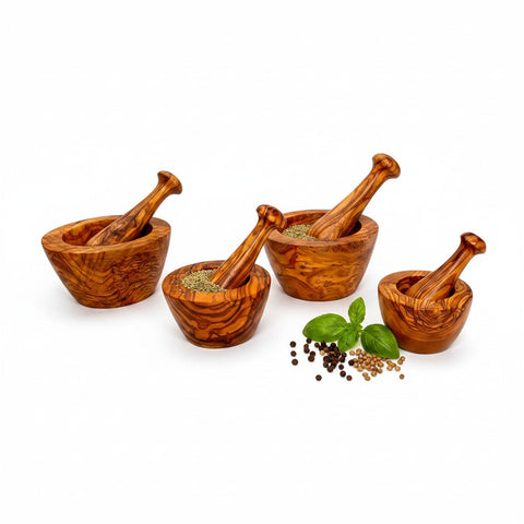Artisan Olive Wood Mortar and Pestle Set – Hand-Carved Natural Spice Grinder & Herb Crusher – Rustic Kitchen Essential (Sizes 8cm to 16cm)