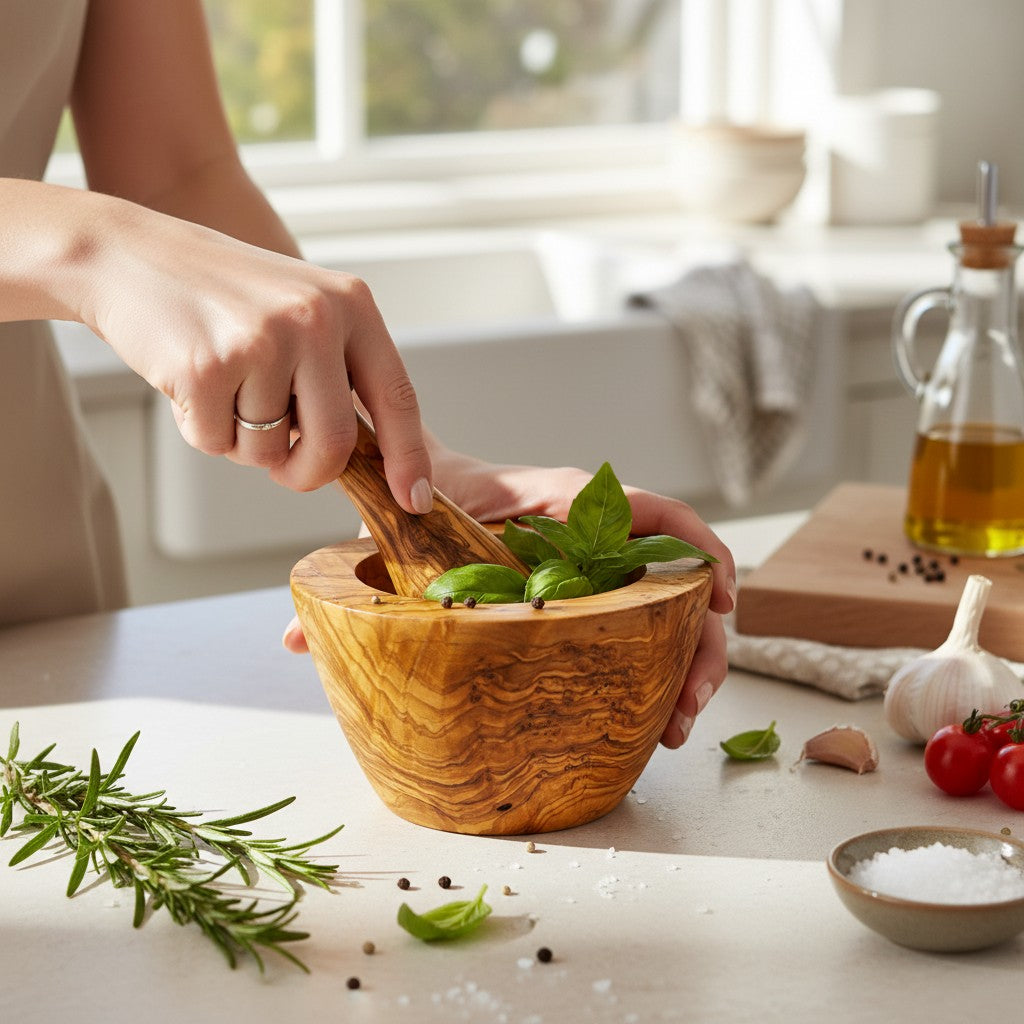 Artisan Olive Wood Mortar and Pestle Set – Hand-Carved Natural Spice Grinder & Herb Crusher – Rustic Kitchen Essential (Sizes 8cm to 16cm)